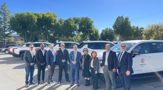 Councilmember Blumenfield and City leaders with the City's Chevrolet Silverado EV fleet.