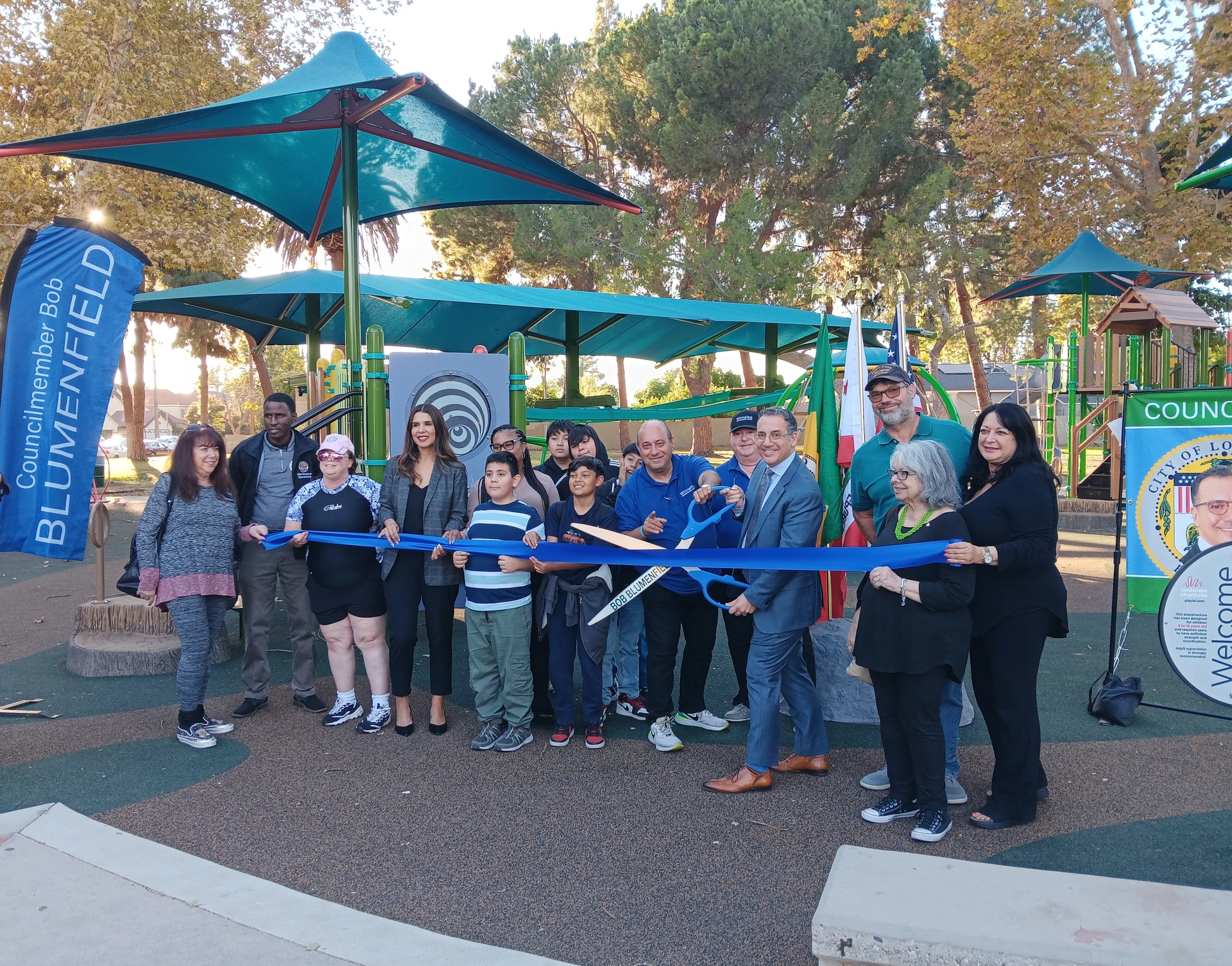 Councilmember Blumenfield unveils new playground equipment at Runnymede Park in Winnetka.