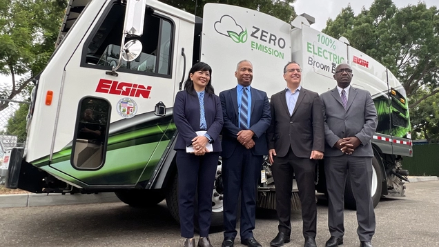 Councilmember Bob Blumenfield, General Services Department General Manager and Chief Procurement Officer Tony Royster, and StreetsLA General Manager Keith Mozee unveiled the City’s newest electric street sweeper prototype, the EV Broom Bear.